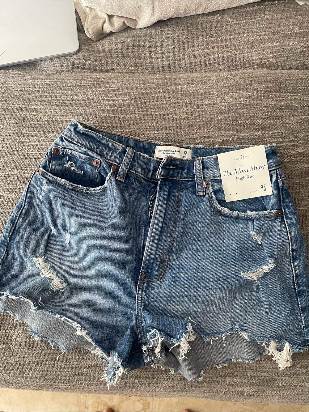 Abercrombie & Fitch Distressed High-Rise Mom Jean Shorts - Blue